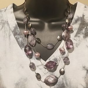 3 Strand NY Fashion necklace in Purples with matching Purple/Grey bead bracelet